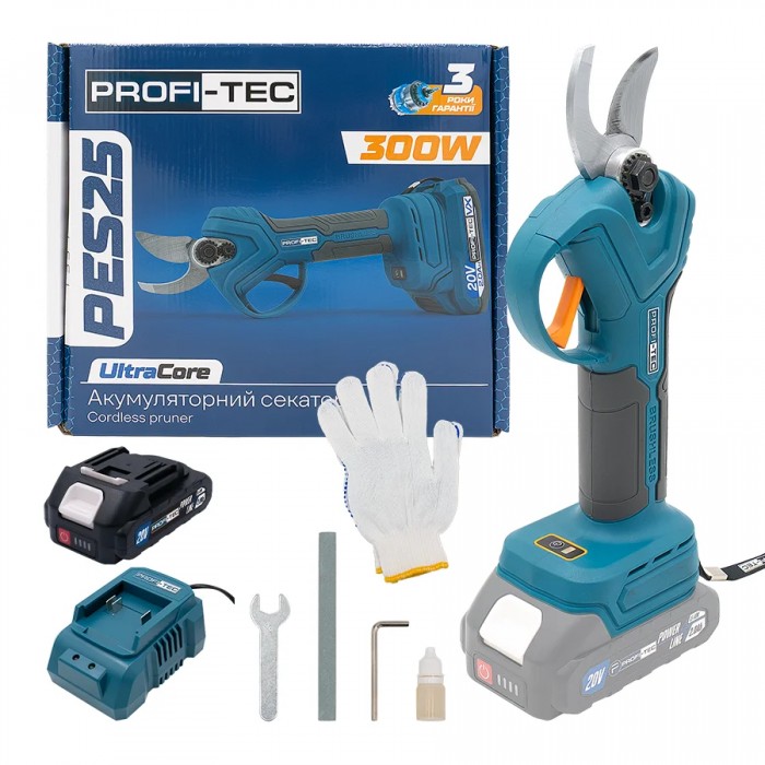 Акумуляторний секатор PROFI-TEC PES25 UltraCore (20 В, безщітковий двигун, різ 15 / 25 мм, 152 різ/хв) 1×PT2020MP (2.0 Aг), ЗП BC15V, коробка