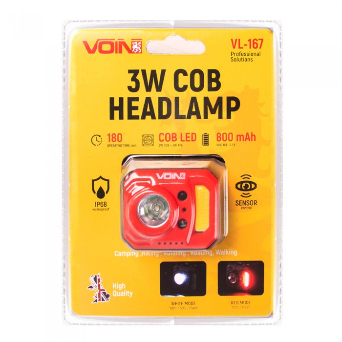 Фонарь налобный VOIN VL-167, 3W-COB (W/R)+3W XPE/АКБ800mAh/регул. наклона/сенсор (VL-167)