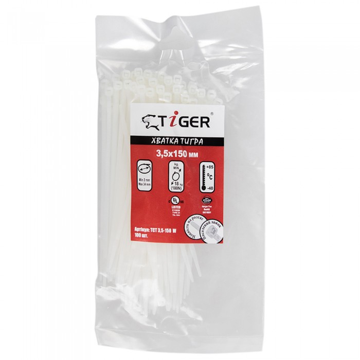 Хомут пластиковый Tiger ТСТ W3.5 х 150 100шт/уп белый (ТСТ W3.5 х 150)