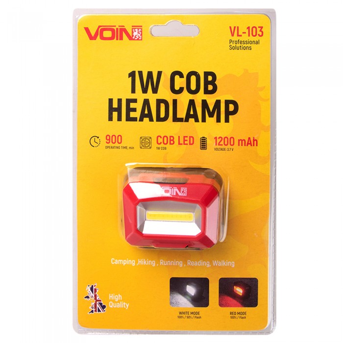 Фонарь налобный VOIN VL-103, 1W-COB (W/R)/АКБ1200mAh/регул. наклона (VL-103)