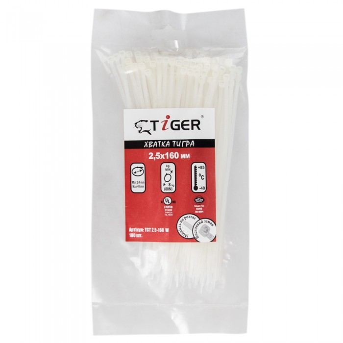 Хомут пластиковый Tiger ТСТ W2.5 х 160 100шт/уп белый (ТСТ W2.5 х 160)