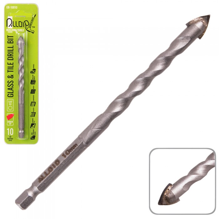 Alloid. Сверло по стеклу и керамике 10мм, хвостовик HEX 1/4', L= 120mm (GB-10010)
