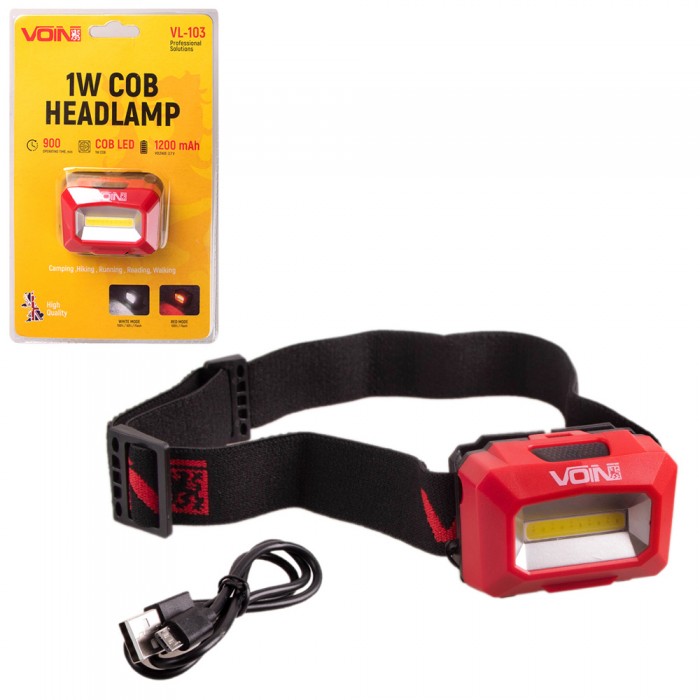 Фонарь налобный VOIN VL-103, 1W-COB (W/R)/АКБ1200mAh/регул. наклона (VL-103)