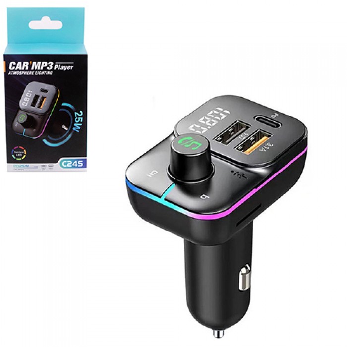 Модулятор FM 5в1 C24S 12-24v 2USB 5V-3.1A Type C 5V-3.1A BT5.0 RGB-ambient light (C24S)
