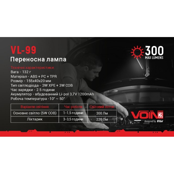 Переноска 'VOIN' VL- 99, 3W-COB+3W XPE/АКБ1200mAh/магнит/инд. заряда (VL-99)