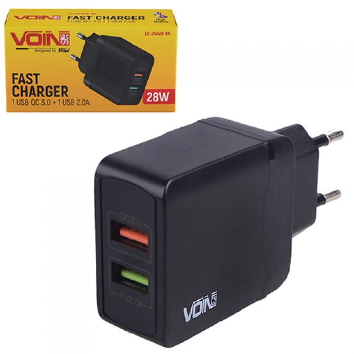 Сетевое зарядное устройство VOIN 28W, 2 USB, QC3.0 (Port 1-5V*3A/9V*2A/12V*1.5A. Port 2-5V2A) (LC-24428 BK)