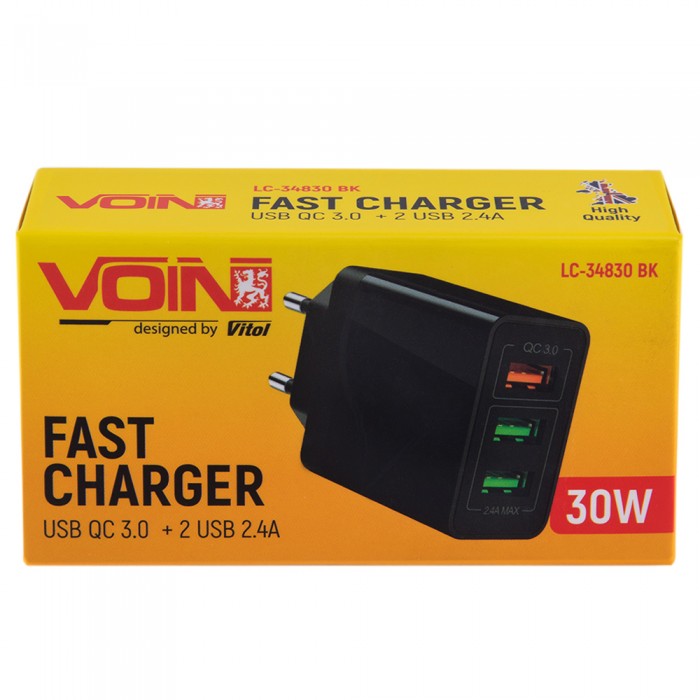 Сетевое зарядное устройство VOIN 30W, 3 USB, QC3.0 (Port 1-5V*3A/9V*2A/12V*1.5A. Port 2/3-5V2.4A) (LC-34830 BK)