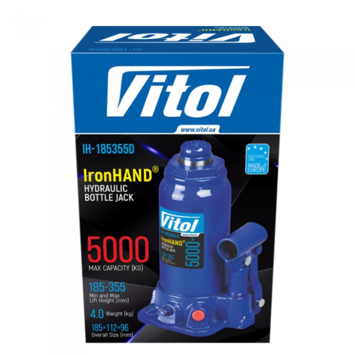 Домкрат гидравл. телескоп  5т карт. коробка. Высота подъема 185-358 мм. 4.1кг Iron Hand (IH-185355D) (IH-185355D)