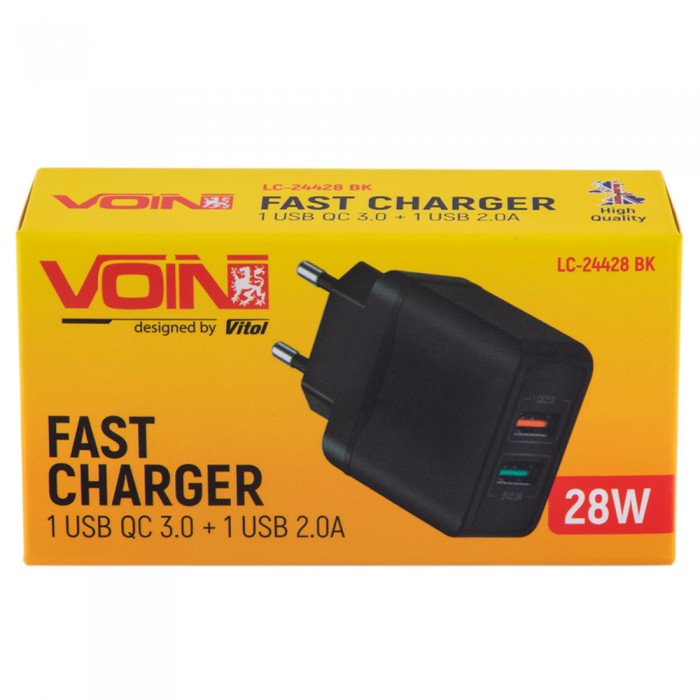 Сетевое зарядное устройство VOIN 28W, 2 USB, QC3.0 (Port 1-5V*3A/9V*2A/12V*1.5A. Port 2-5V2A) (LC-24428 BK)